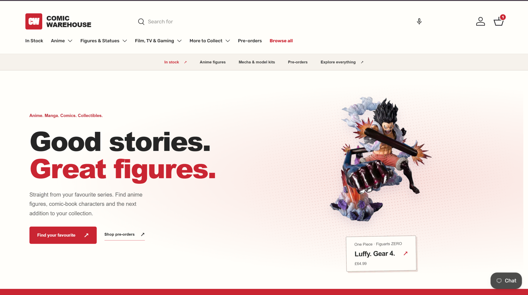 Comic Warehouse homepage. Hero reads Good stories. Great figures. with a Luffy Gear 4 figure.