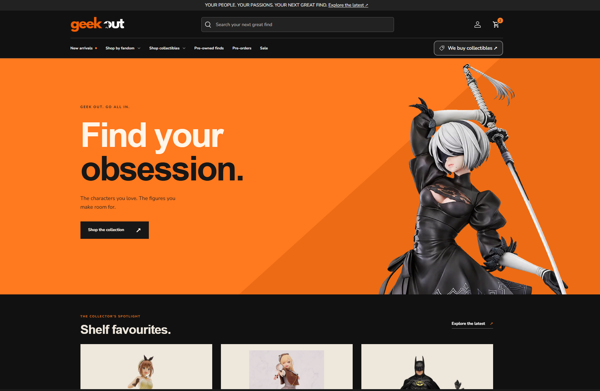 Geek Out homepage with orange Find your obsession hero and collectible figures.